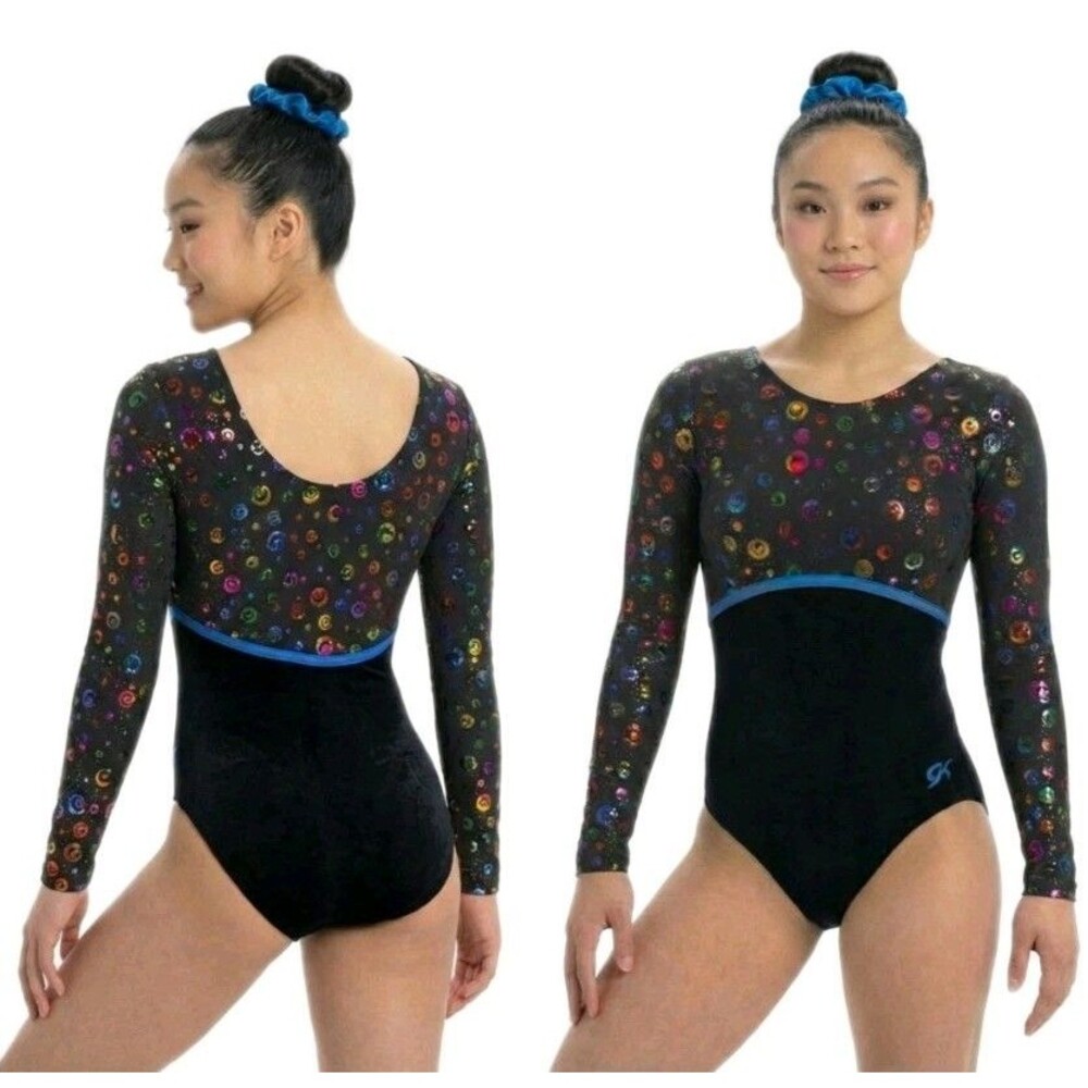 GK Elite VTG Holographic Colorful Rings Black Velvet Logo Leotard LS Size AM